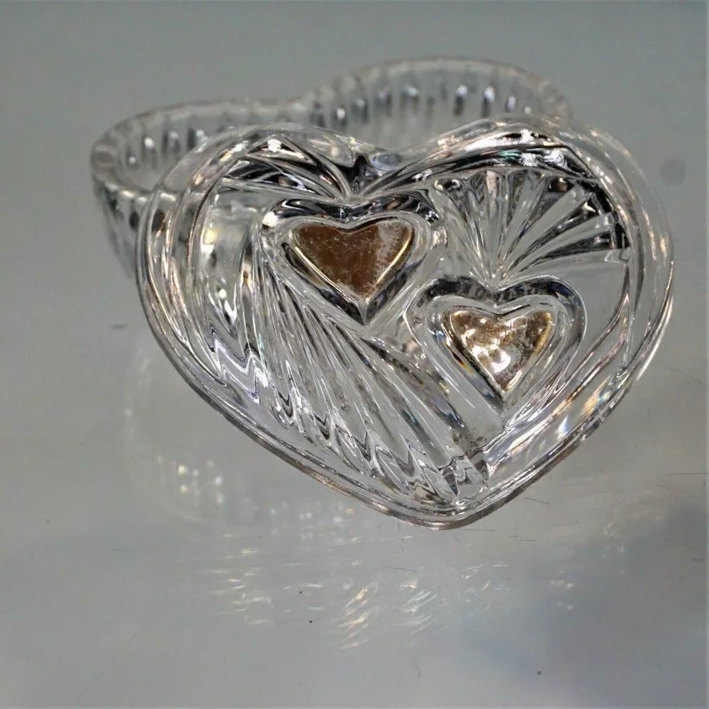 Vintage Trinket Dish Heart Shaped Starburst Crystal Cut Glass Jewelry Box